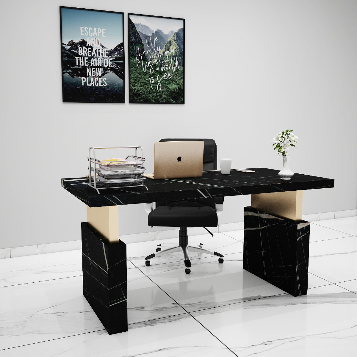 Office Table, Black Office Table, Table for Office, MD Table, Office Table Leg in Gold Finish, Office Table - EL - 12066