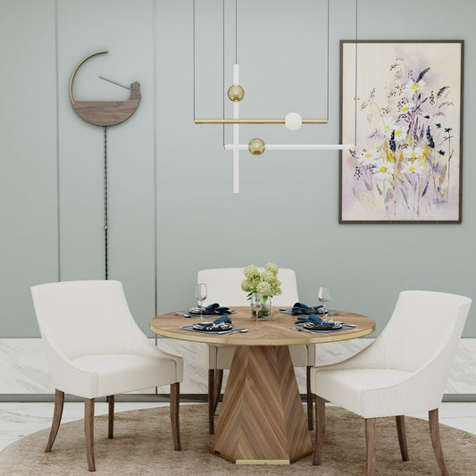 Dining Set with 5 Chairs Featuring Round Veneer Dining Table and Off White Suede Fabric Chairs - EL691