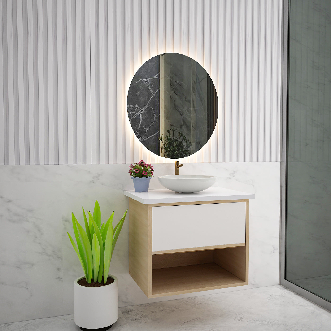 Minimalist Floating Vanity with Storage Drawer and Open Display Shelf 2081