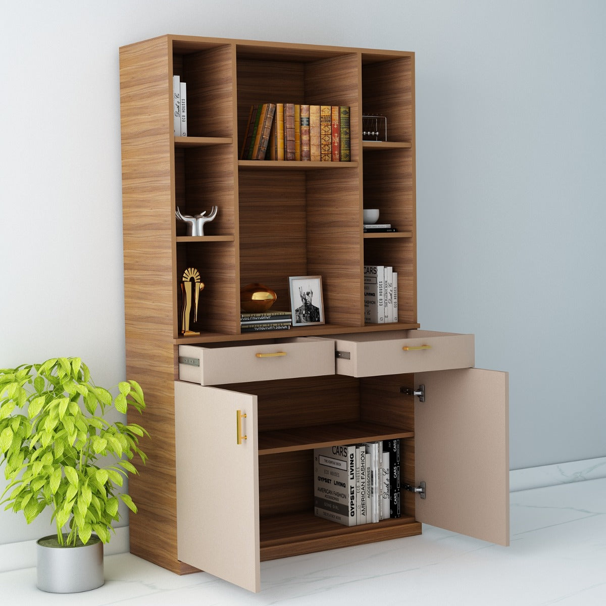 Office Cabinet, Wood & Beige Color Office Cabinet, Office Cabinet with open shelf, Office Cabinet with Shutter, Office Cabinet with Drawer, Office Cabinet - VT- 10019