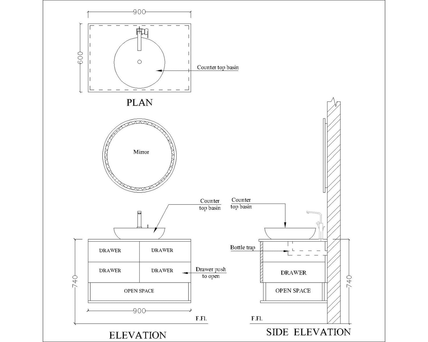 Wooden White & Grey Colored Wall Mounted Bathroom Vanity with Drawer- VI308