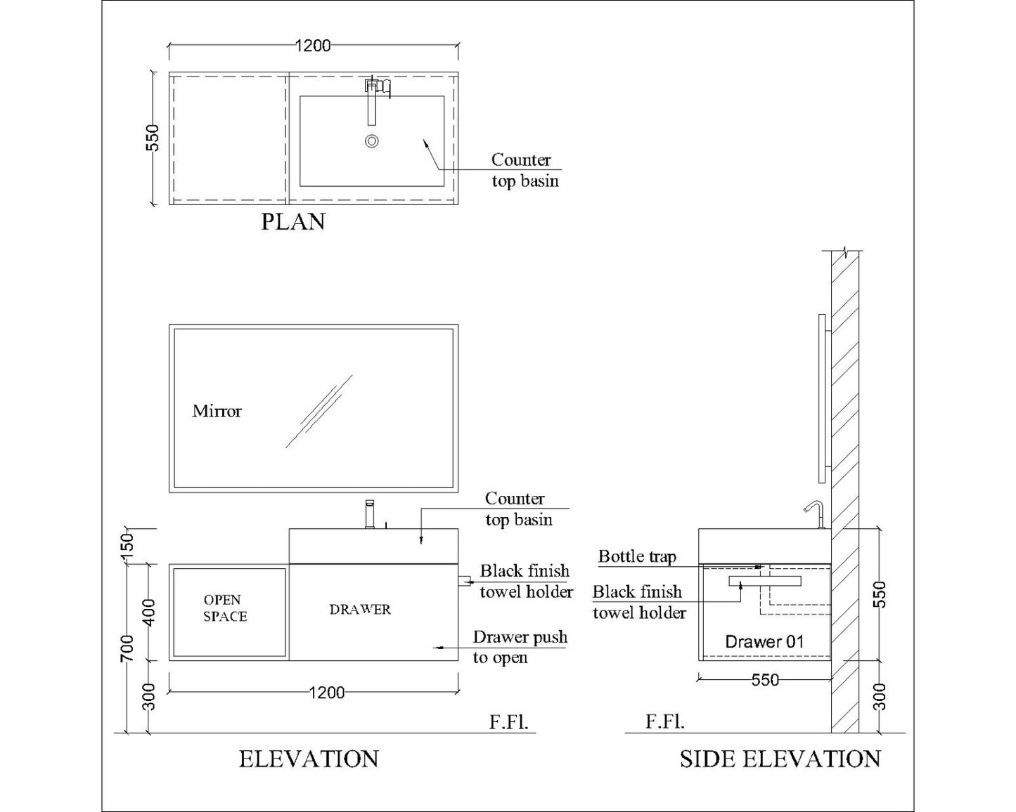 "Vanity, Black & Grey Vanity, Wooden Vanity, Vanity with Drawer, Vanity for Bathroom,   Wall Mounted Vanity, Vanity - IM109 "