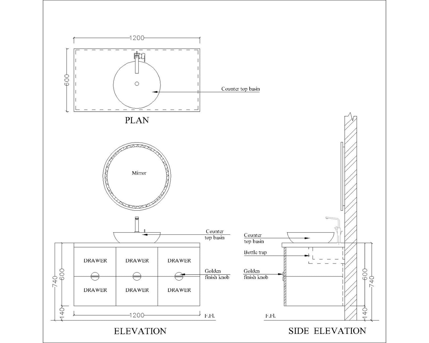 "Vanity, White & Golden Vanity, Wooden Vanity, Vanity with Drawer, Vanity for Bathroom,   Wall Mounted Vanity, Vanity  -EL209 "