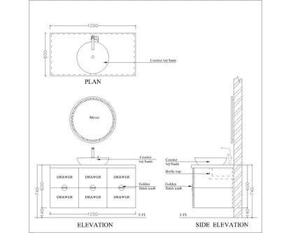 "Vanity, White & Golden Vanity, Wooden Vanity, Vanity with Drawer, Vanity for Bathroom,   Wall Mounted Vanity, Vanity  -EL209 "