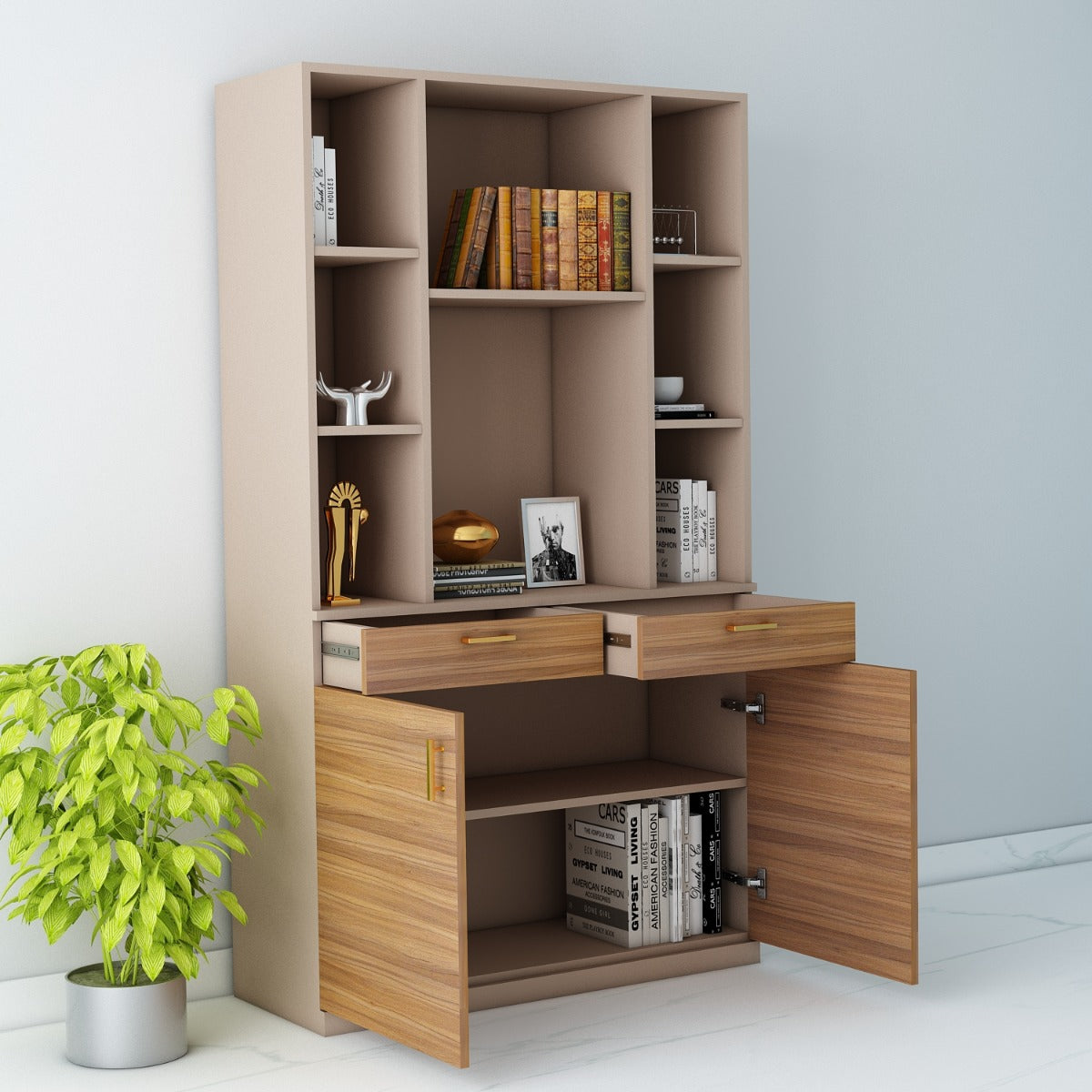 Office Cabinet, Beige Color & Wood Office Cabinet, Office Cabinet with open shelf, Office Cabinet with Shutter, Office Cabinet with Drawer, Office Cabinet - VT- 10020