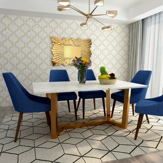 Buy Dining Set with 6 Chairs Featuring Rectangular Dining Table with Satuario Top and Blue Suede Fabric Chairs - IM650