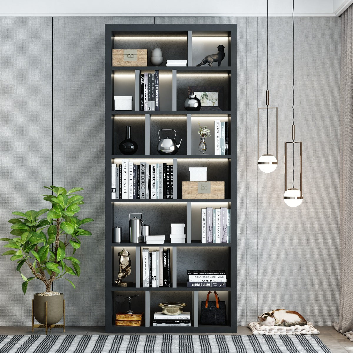 Book storage with shelves, Outer finish in grey PU matte paint and inner shelves are in paint and laminate finish,Shelves are lit with led strip light-EL2001