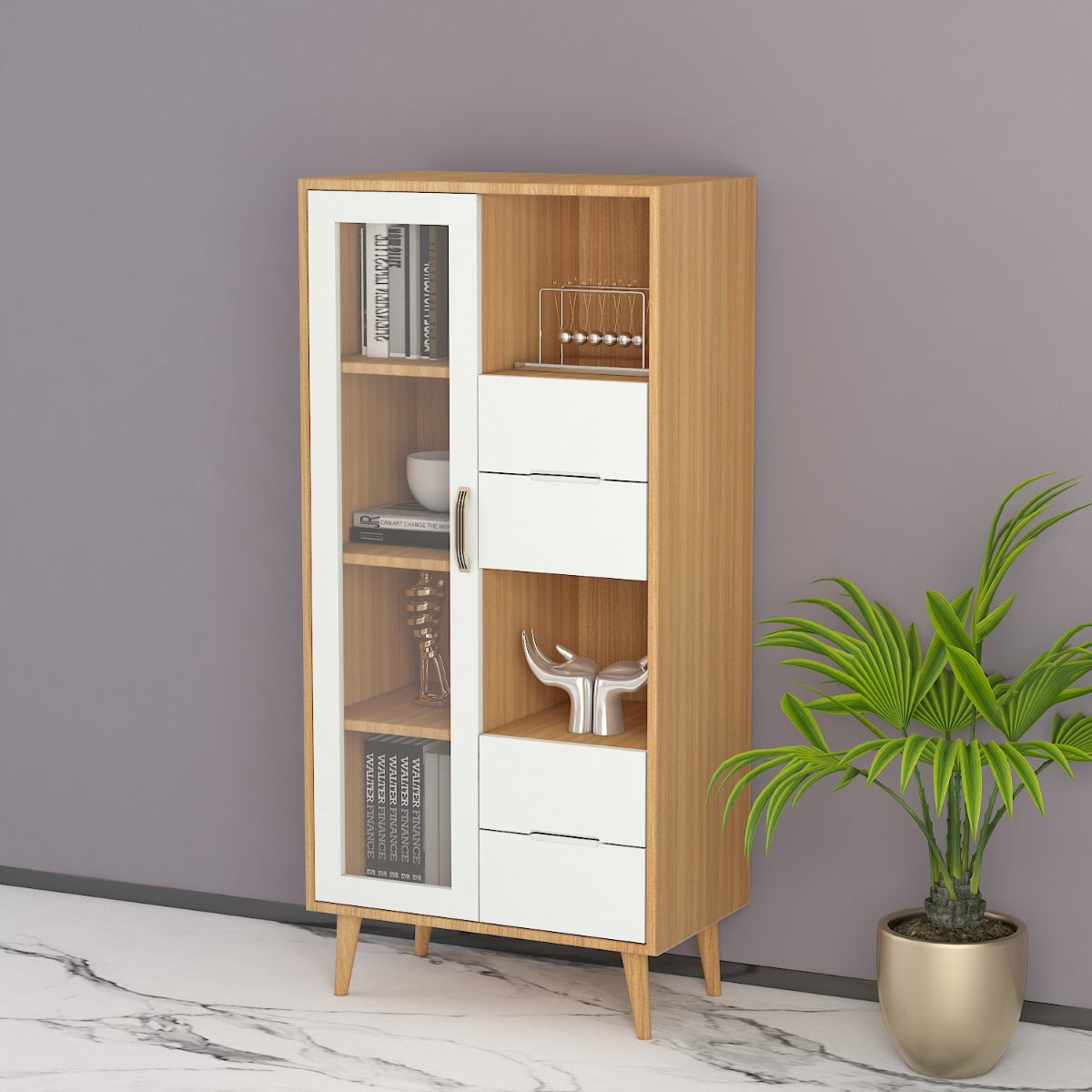 cabinate, cabinate storage, cabinatry storage, book shelf, book storage, golden drawer storage, white storage,  wood storage, high console, open storag, EL-10005