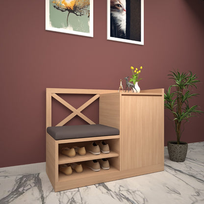 Light Wood Entryway Bench with Grey Cushion and X-Back Design, VT-10005