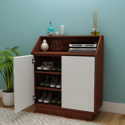 Mahogany Wood Shoe Cabinet with White Doors and Display Shelf,  EL-10006