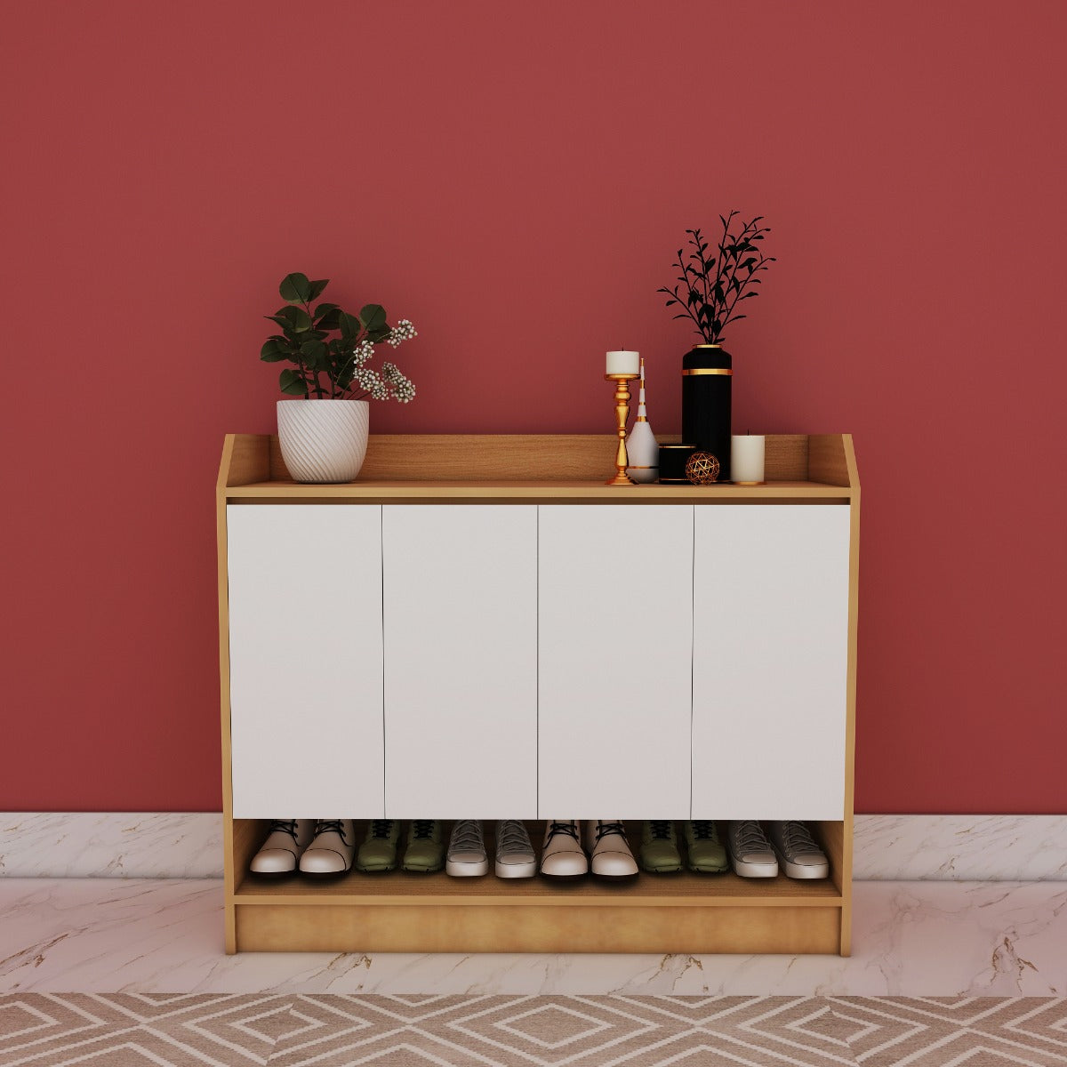 Contemporary Wooden Shoe Rack with White Doors & Open Shelf – EL-10007