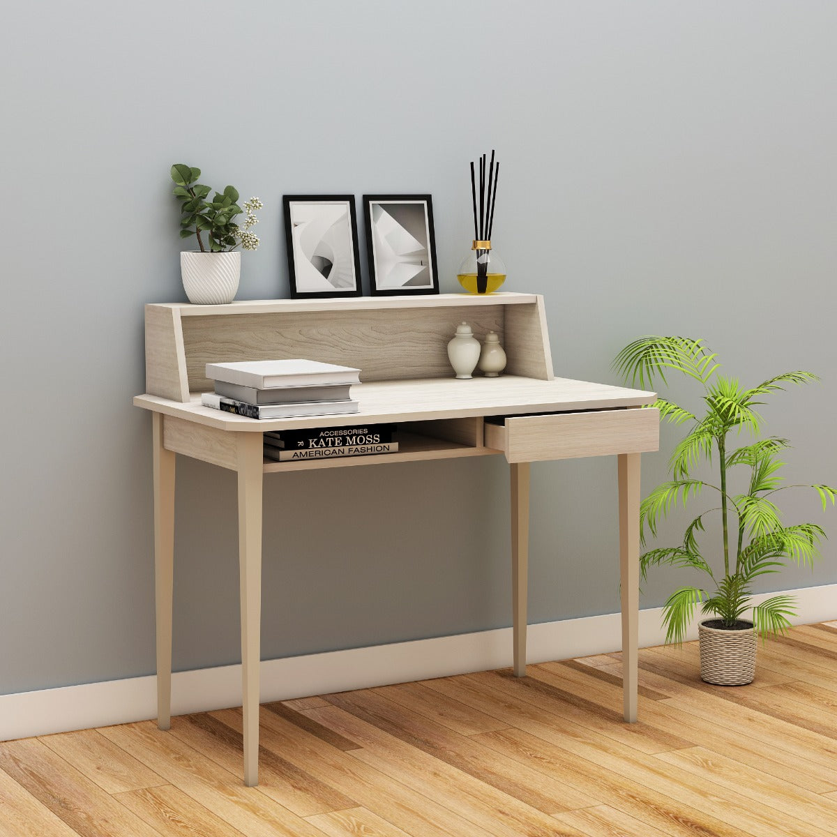 Study Table, Wood Study Table, Study Table Drawer & Open Shelf at Bottom, Study Table Open Space, Study Table with Tapered Legs, Study Table - EL - 12002