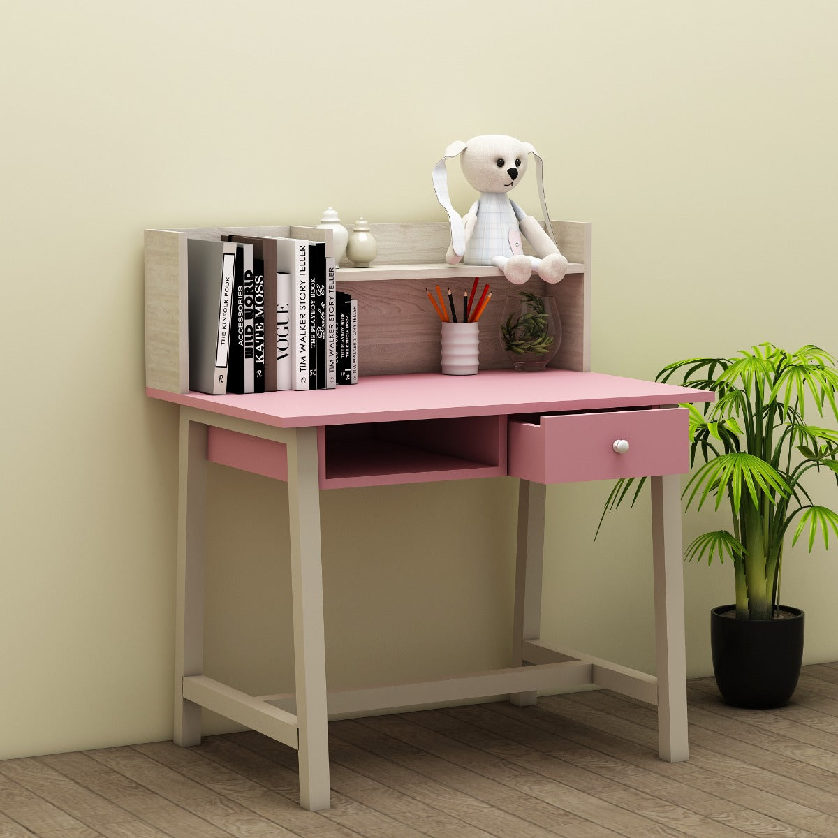 Kids Study Table,  Wood & Pink Color Study Table, Study Table with Drawer, Study Table with Open Shelf, Study Table - EL - 12011