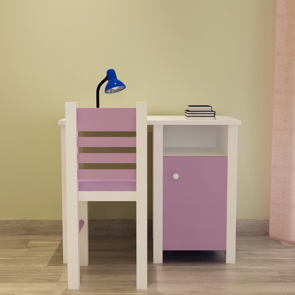 Kids Study Table & Chair, White & Purple Color Study Table, Study Table with Open Shelf, Study Table with Shutter, Study Table - EL - 12025