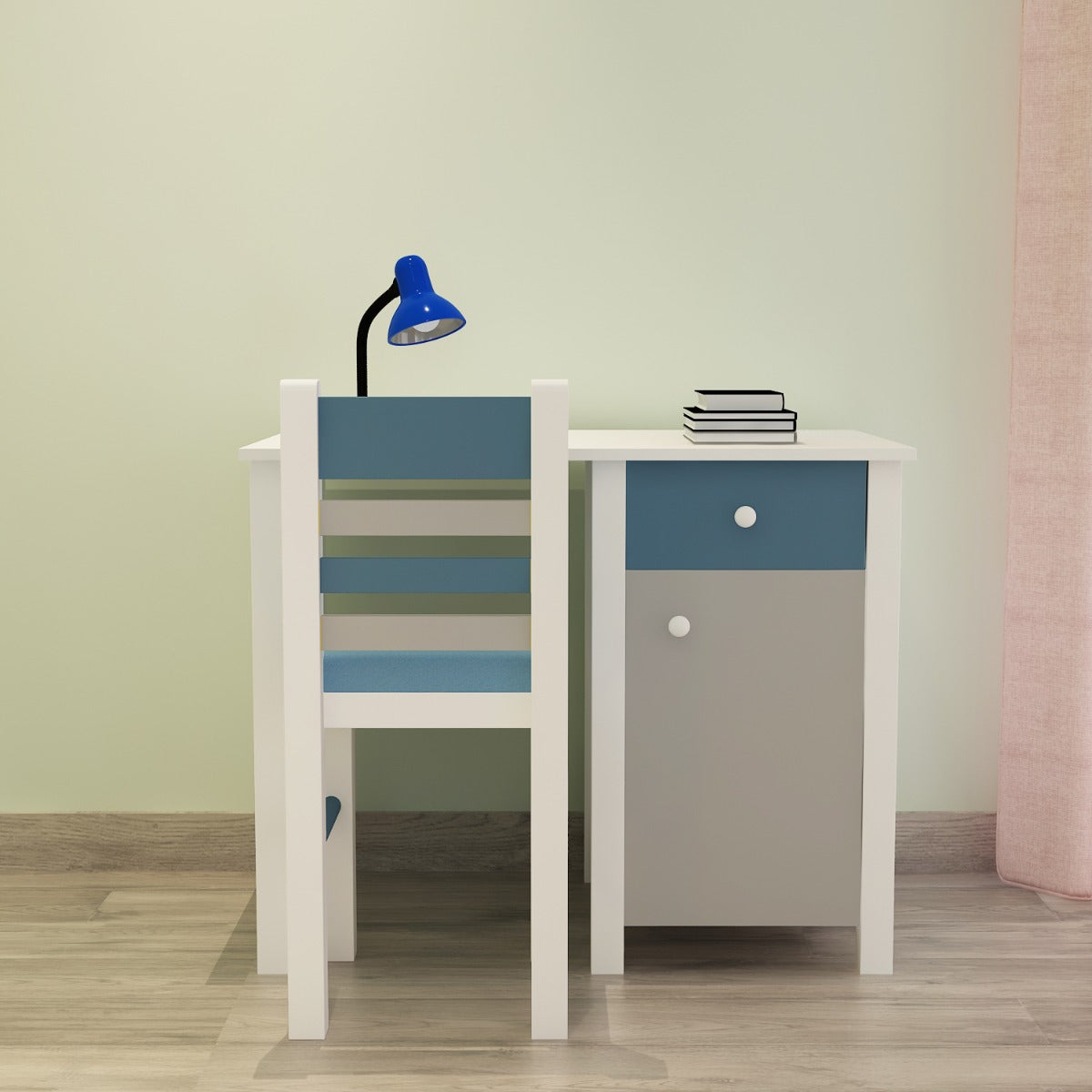 Kids Study Table & Chair, White, Grey & Blue Color Study Table, Study Table with Drawer, Study Table with Shutter, Study Table - EL - 12026