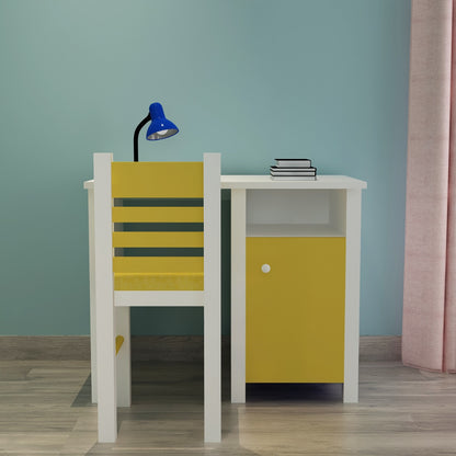 Kids Study Table & Chair, White & Yellow Color Study Table, Study Table with Open Shelf, Study Table with Shutter, Study Table - EL - 12028