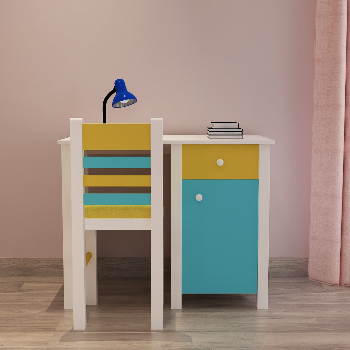 Kids Study Table & Chair, White, Blue & Yellow Color Study Table, Study Table with Drawer, Study Table with Shutter, Study Table - EL - 12029