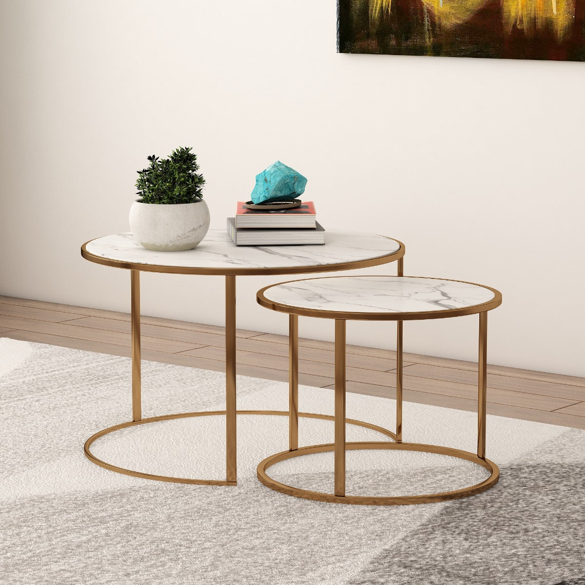 Round Nesting Table ,  2 Nesting table with brass legs , modern look stone top Nesting table in brass & white marble top,Floor standing Nesting Table - EL796