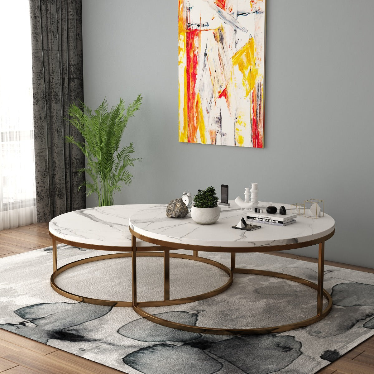 Round Nesting Table ,  2 Nesting table with brass finish legs , modern look Nesting table in brass finish & white top,Floor standing Nesting Table - EL795