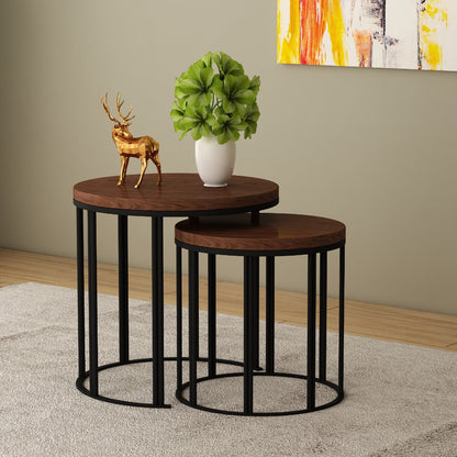 Round Nesting Table ,  2 Nesting table with metal legs , vintage look veneer top Nesting table in black & brown veneer top,Floor standing Nesting Table - VI857