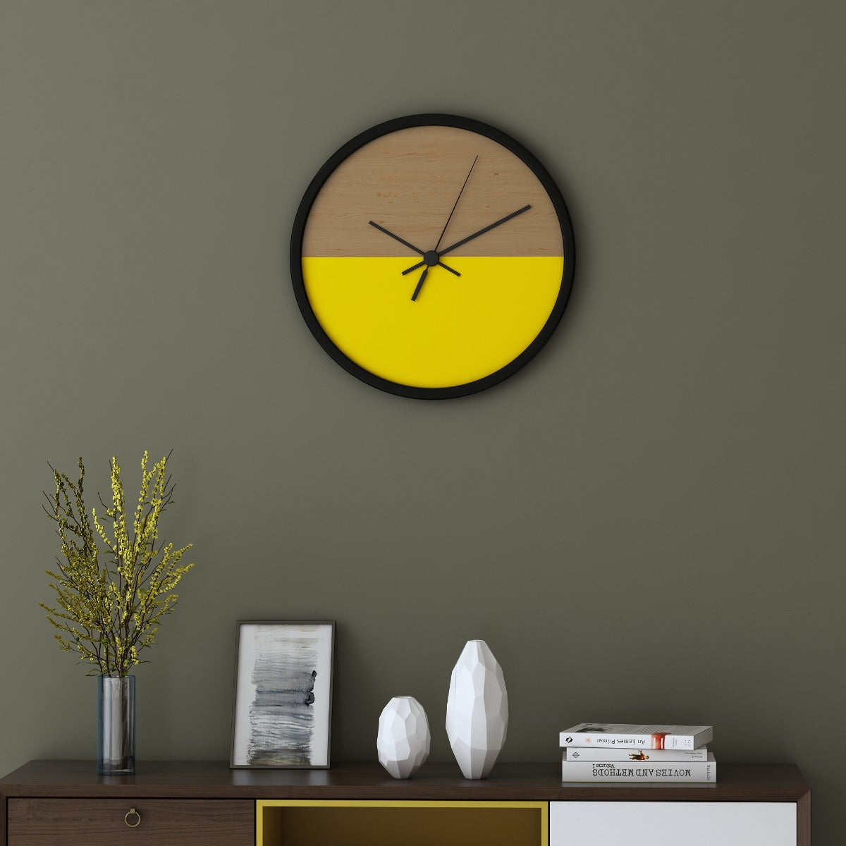 Clock in wood, clock for living/waiting/office  area modern look clock inBlack, cappuccino & Yelow,Clock - IM422