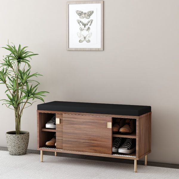 Mid-Century Modern Shoe Bench with Black Cushion and Walnut Wood, VT-3006