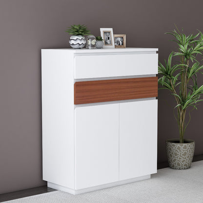 Modern White Shoe Cabinet with Wooden Accent and Sliding Door,  IM-1008