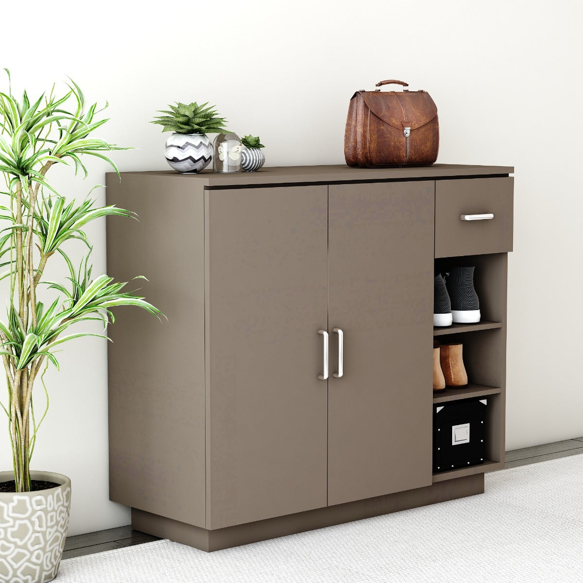 Dark Brown Modern Shoe Cabinet with Sliding Doors and Drawer, VT-3005