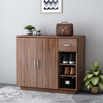 Contemporary Walnut Wood Storage Cabinet with Sliding Doors and Drawer,  VT-3004