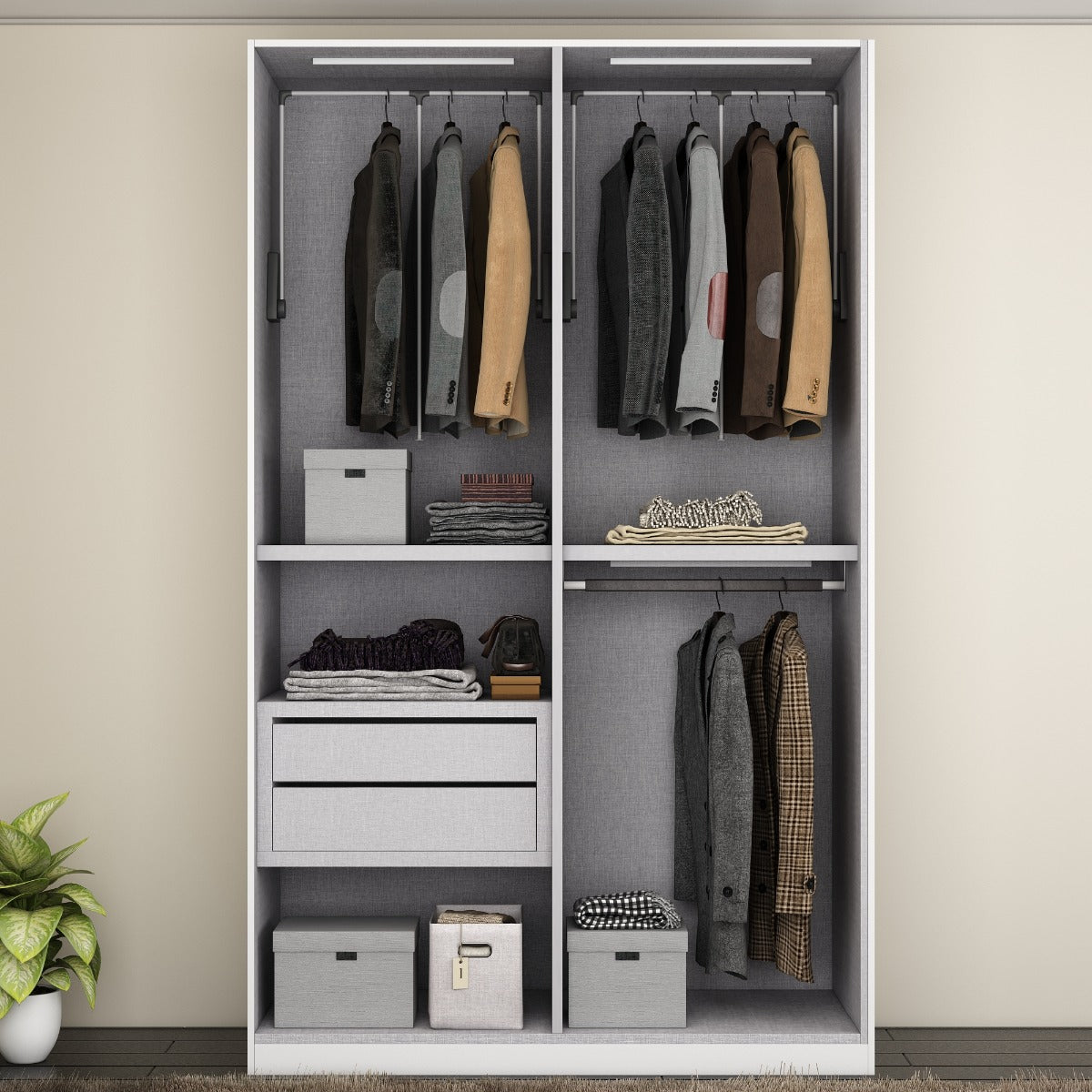 Wardrobe, Wardrobe Hanging Space, Wardrobe Loft Space, Wardrobe Open Self Space, White Shutter Wardrobe, Wardrobe SS Handle, White & Wood Wardrobe, Wardrobe - EL- 7001