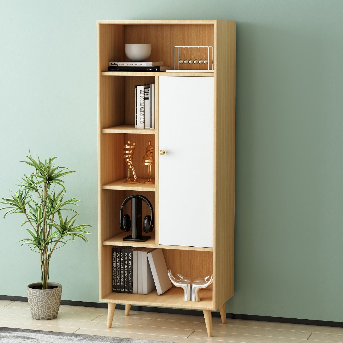 Book Shelf, Wood & White Color Book Shelf, Book Shelf with Open Space, Book Shelf with Shutter, Book Shelf Knob in Golden Finish, Book Shelf - EL- 10000