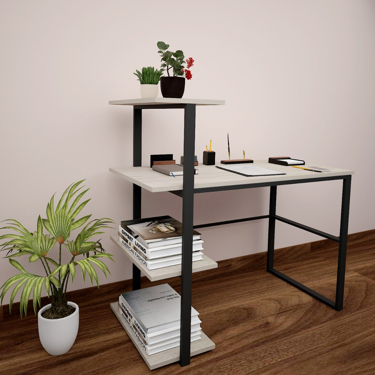 Study Table, Wood Study Table, Study Table with Open Shelf, Study Table with Black MS Frame, Study Table - VT - 12046