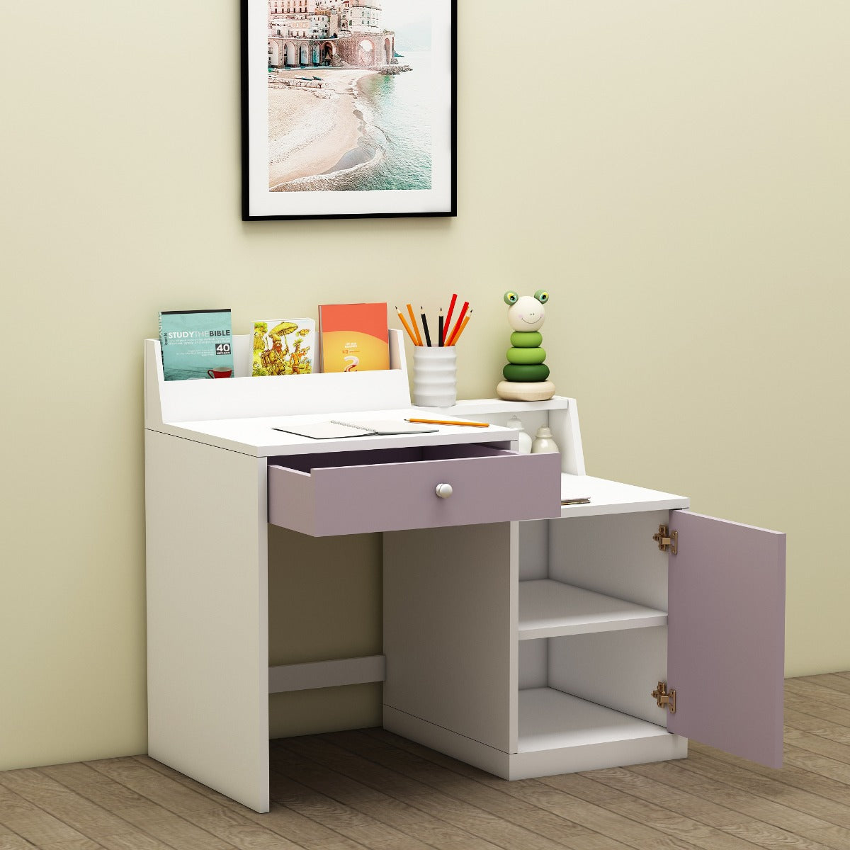 Kids Study Table, White & Purple Color Study Table, Study Table with Open Shelf, Study Table with Drawer, Study Table with Shutter, Study Table - IM - 12047