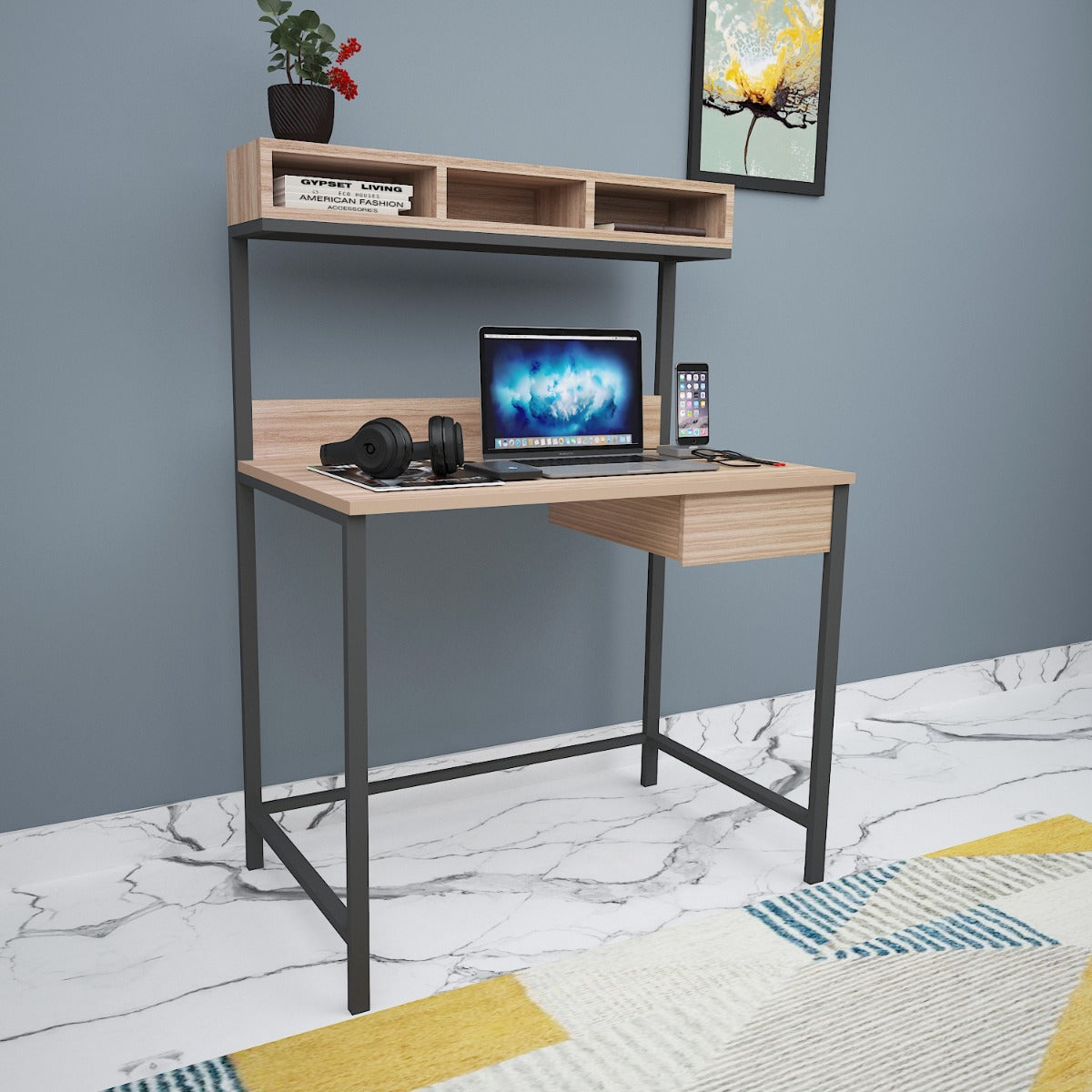 Study Table, Wood Study Table, Study Table with Drawer, Study Table with Dark Grey MS Leg, Study Table with Open Shelf, Study Table - IM - 12029