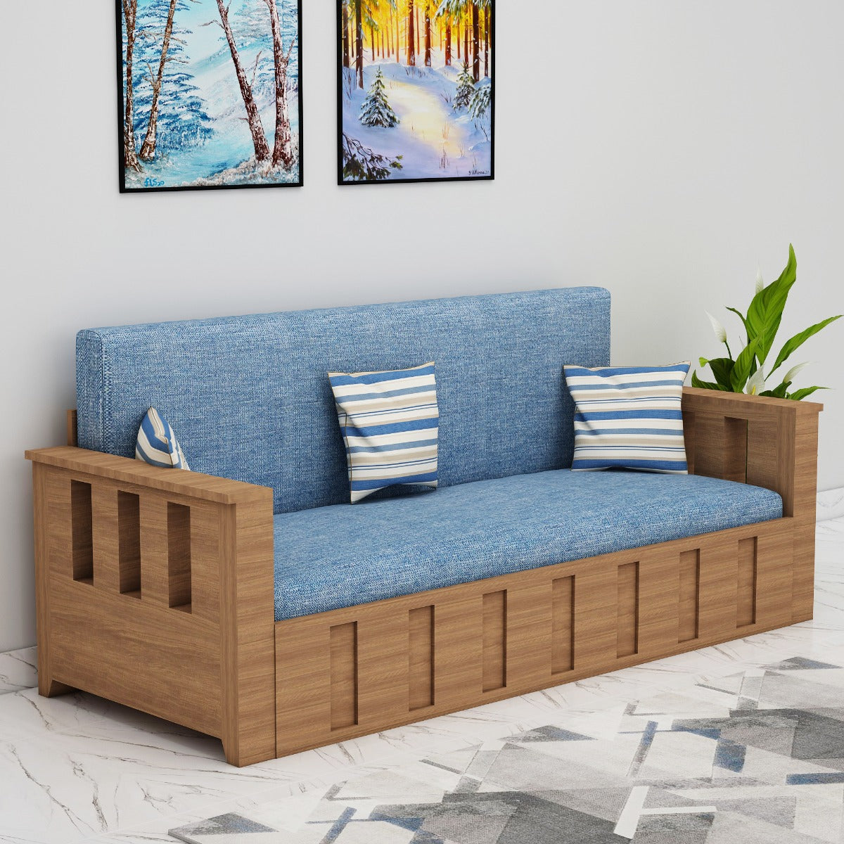 Sofacum Bed, Wood & Blue Sofacum Bed, Sofacum Bed with Drawer, Sofacum Bed with Living & Bedroom Area, Sofacum Bed - IM - 4050