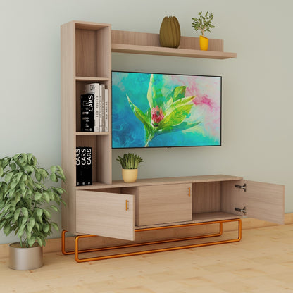 Entertainment Unit, Wood Entertainment Unit, Entertainment Unit for Living & Bedroom Area, Entertainment Unit with Open Shelf and Shutter, Entertainment Unit with MS Leg in Gold Finish, Entertainment Unit - VT - 10008