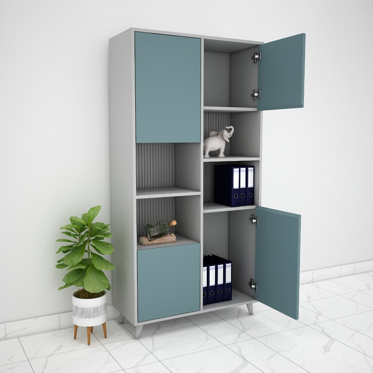 Office Cabinet, Grey & Blue Color Office Cabinet, Office Cabinet with open shelf, Office Cabinet with Shutter, Office Cabinet - EL- 10022