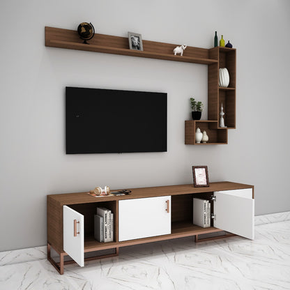 Entertainment Unit, Wood & White Color Entertainment Unit, Entertainment Unit for Living & Bedroom Area, Entertainment Unit with Open Shelf, Entertainment Unit with Shutter, Entertainment Unit with Metal Leg in Copper Finish, Entertainment Unit - IM-10012