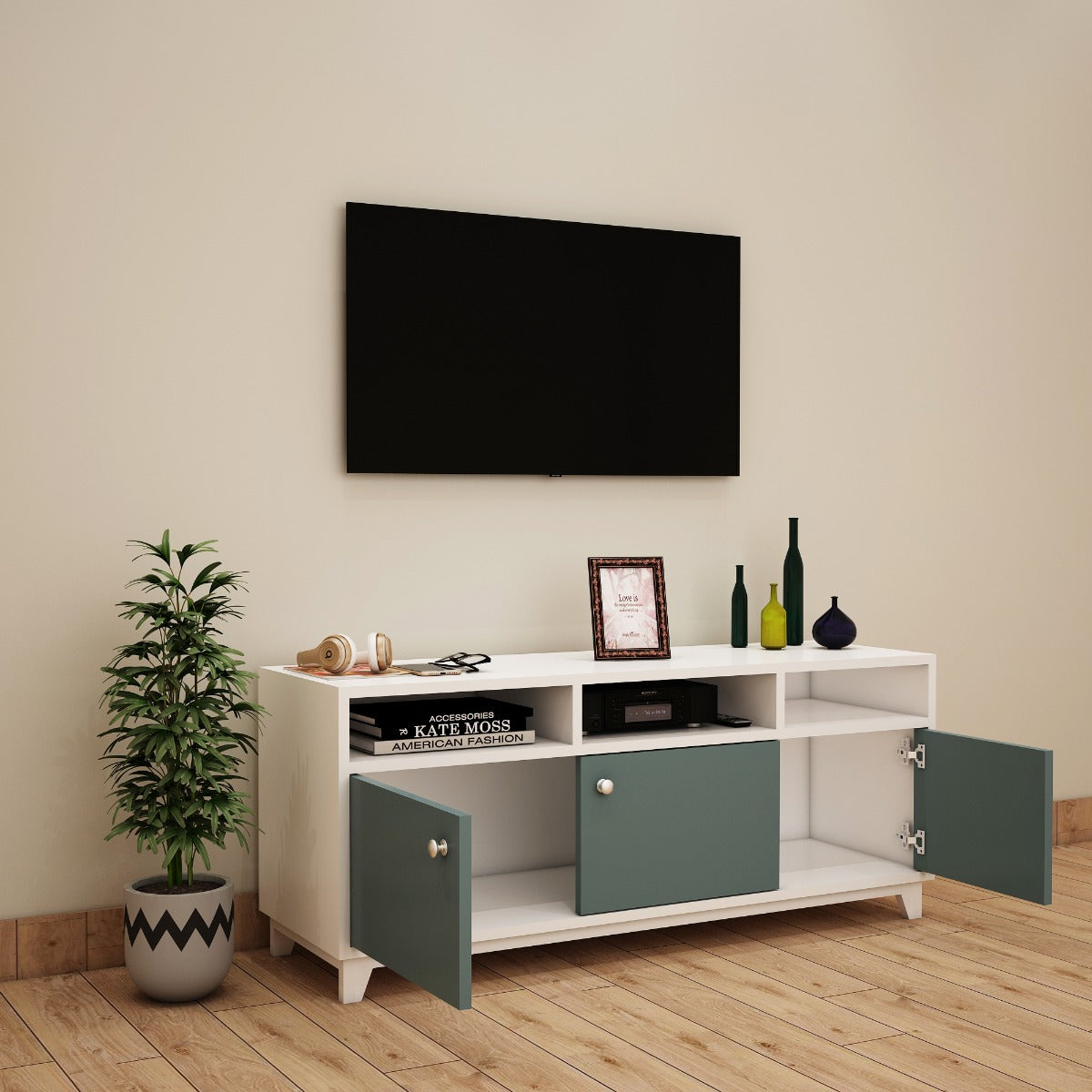 Entertainment Unit, White & Green Color Entertainment Unit, Entertainment Unit for Living & Bedroom Area, Entertainment Unit with Open Shelf, Entertainment Unit with Shutter, Entertainment Unit - VT - 10012