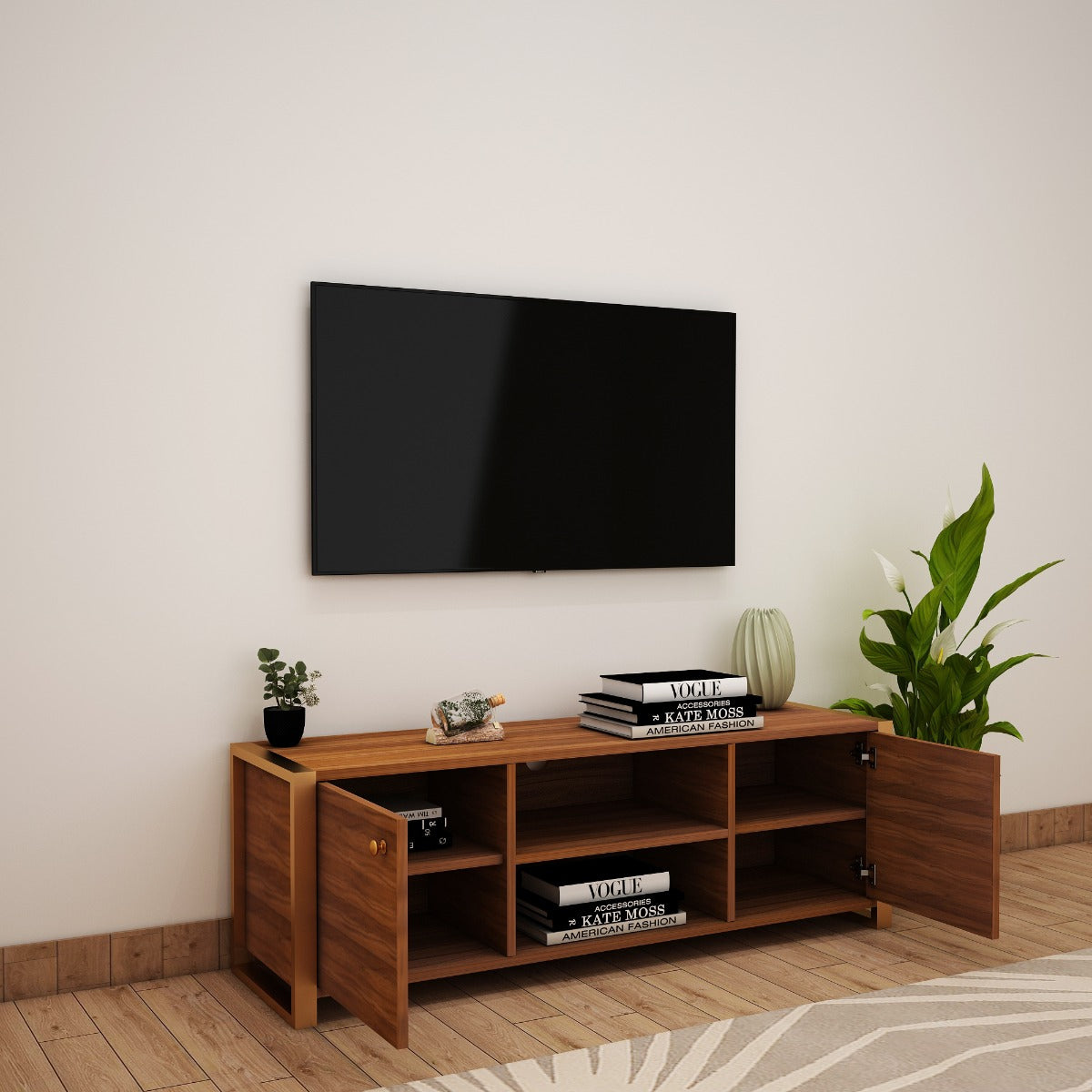 Entertainment Unit, Wood Color Entertainment Unit, Entertainment Unit for Living & Bedroom Area, Entertainment Unit with Open Shelf, Entertainment Unit with Shutter, Entertainment Unit with MS Leg in Golden Finish, Entertainment Unit - IM - 10015