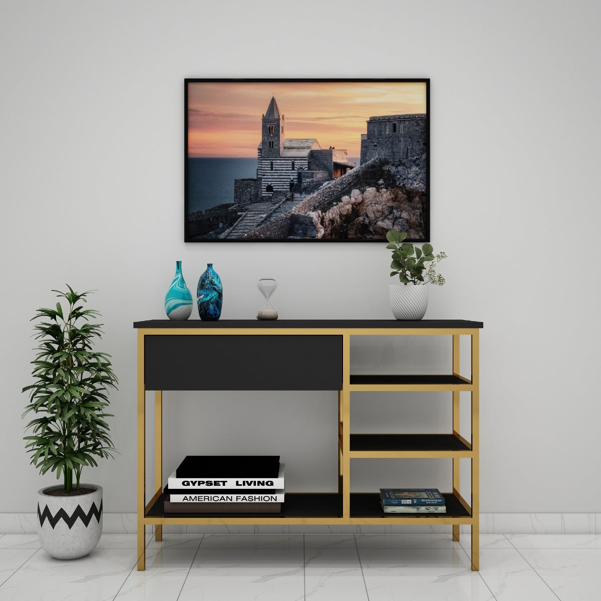 Console Table, Black Color Console Table, Console Table with Open Shelf, Console with Drawer, Console Table with Gold Legs, Console Table - VT- 12048