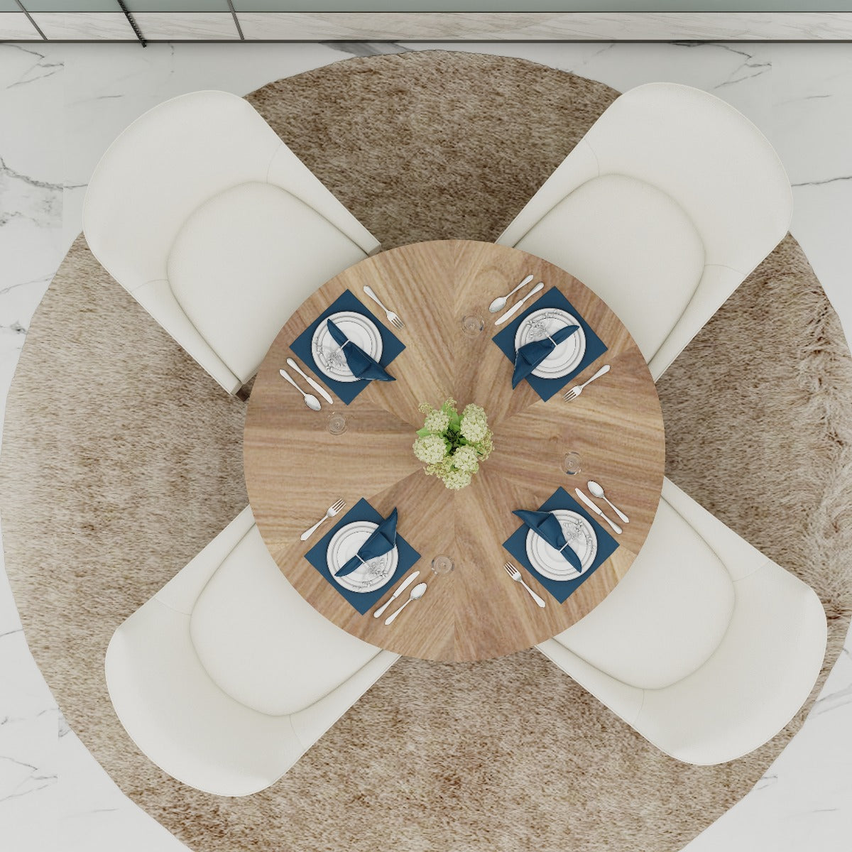 Dining Set with 5 Chairs Featuring Round Veneer Dining Table and Off White Suede Fabric Chairs - EL691