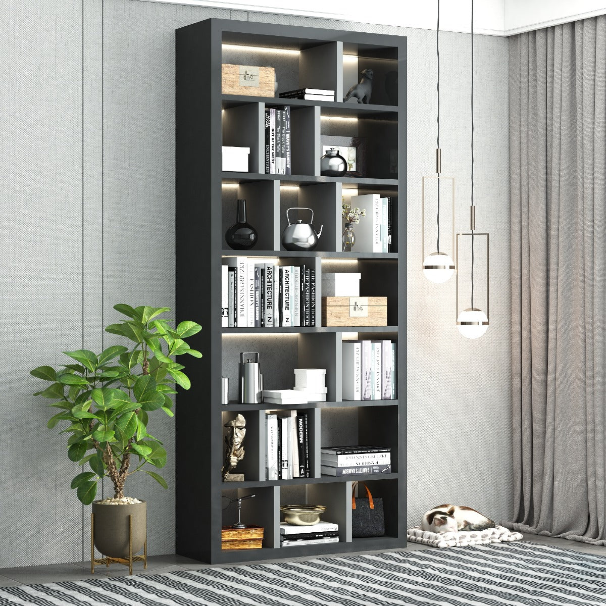 Book storage with shelves, Outer finish in grey PU matte paint and inner shelves are in paint and laminate finish,Shelves are lit with led strip light-EL2001