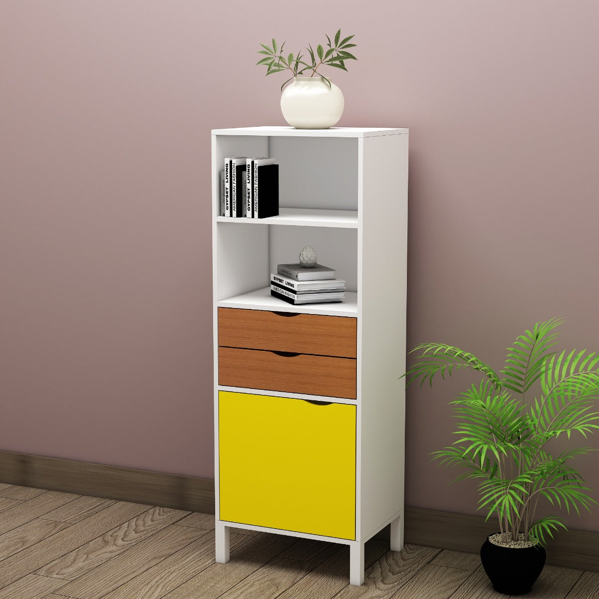 kids Book Shelf, whit & yellow Color Book Shelf, kids Book Shelf, Open Storage, Book Shelf with Drawer & , kids toy unit , Book Shelf - IM- 10004