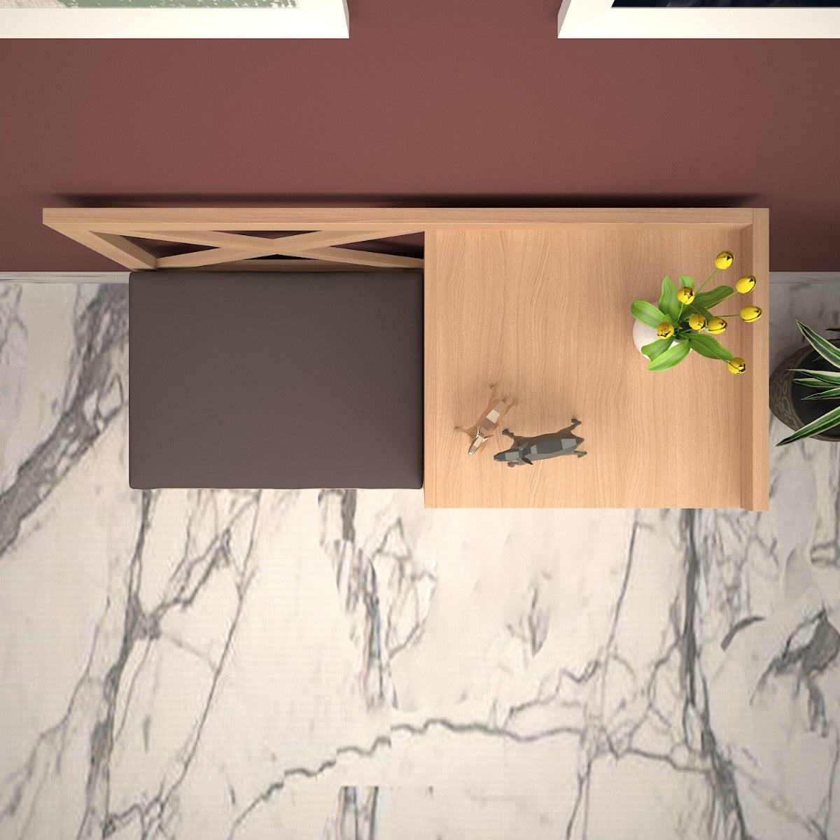 Light Wood Entryway Bench with Grey Cushion and X-Back Design, VT-10005