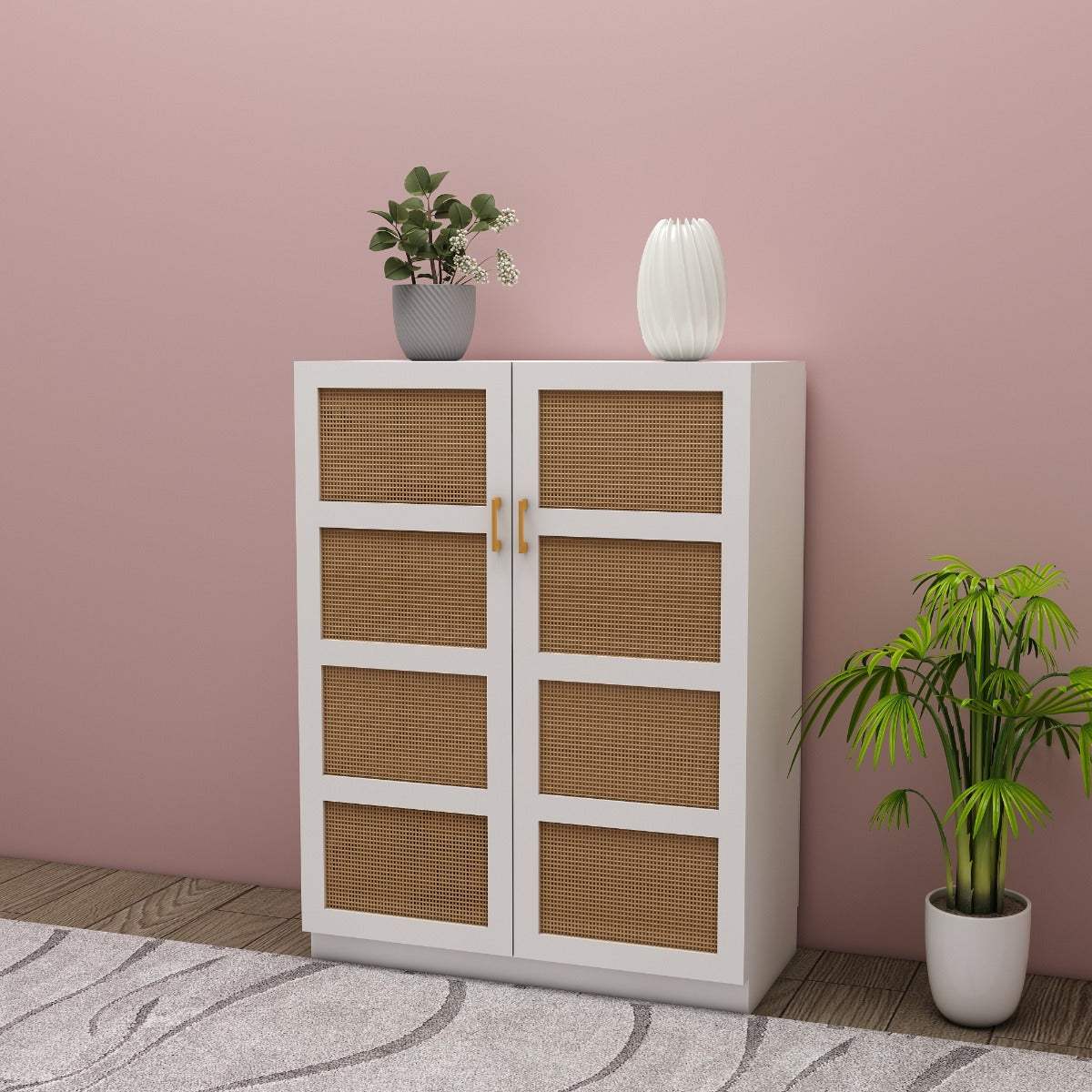 Storage Cabinate, White Color Storage Cabinate, Storage Cabinate with Wooden Shelf, Storage Cabinate with Shutter, Storage Cabinate Handle with Golden Finish, Storage Cabinate - IM- 11000