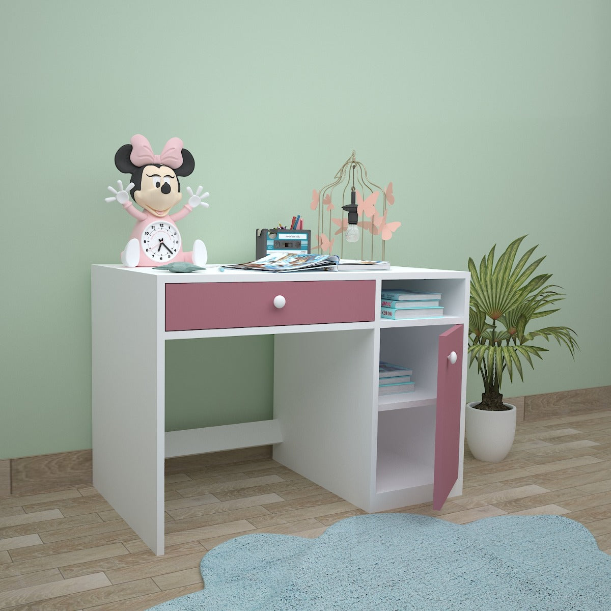 Kids Study Table,  White & Pink Color Study Table, Study Table with Drawer, Study Table with Open Shelf, Study Table with Shutter, Study Table - IM - 12014