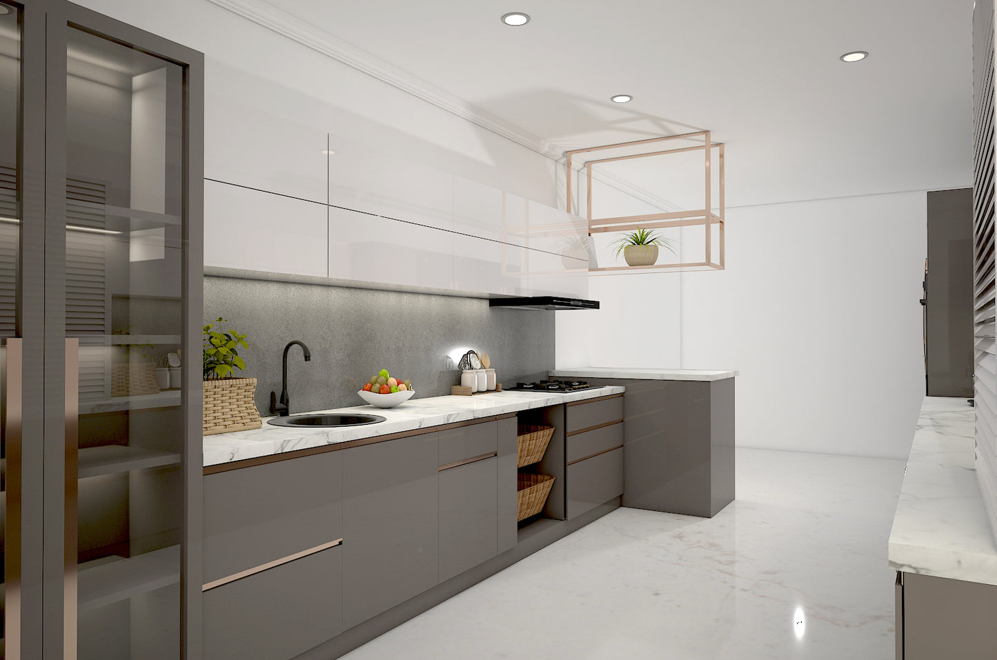 Kitchen, modular kitchen, acrylic finish modular kitchen, Luxurious kitchen, Parallel kitchen, hi gloss finish kitchen, Grey and white kitchen, Kitchen-EL - 8001