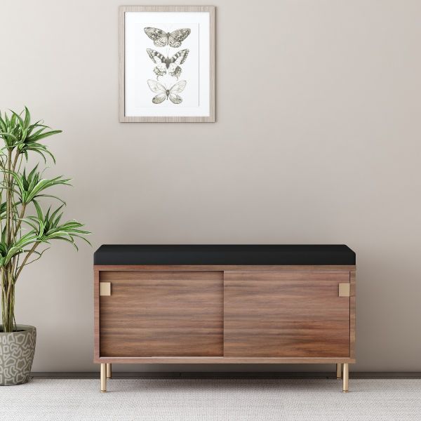 Mid-Century Modern Shoe Bench with Black Cushion and Walnut Wood, VT-3006