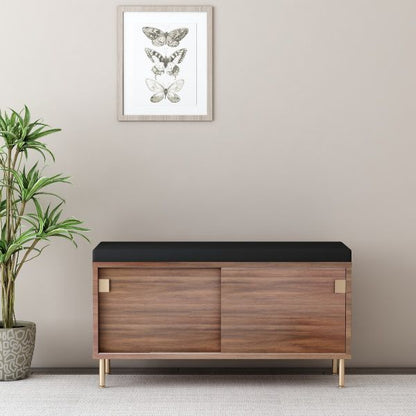Mid-Century Modern Shoe Bench with Black Cushion and Walnut Wood, VT-3006